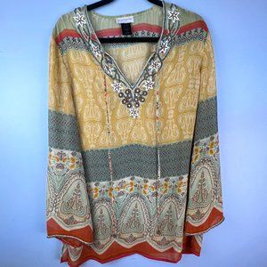 Soft‎ Surroundings Sheer Embellished Vneck Tunic Top Beading Tassels Size M Boho